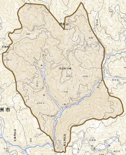 河辺町川崎とその周辺の地図。町の範囲を重ねている