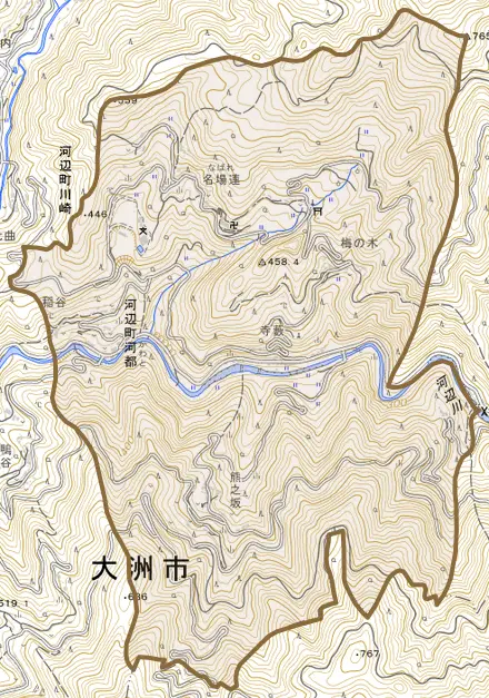 河辺町河都とその周辺の地図。町の範囲を重ねている