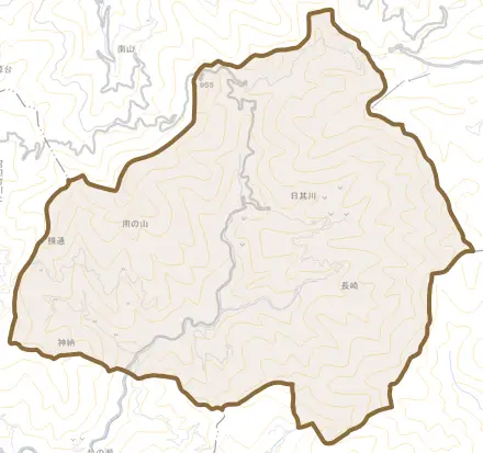 河辺町北平とその周辺の地図。町の範囲を重ねている