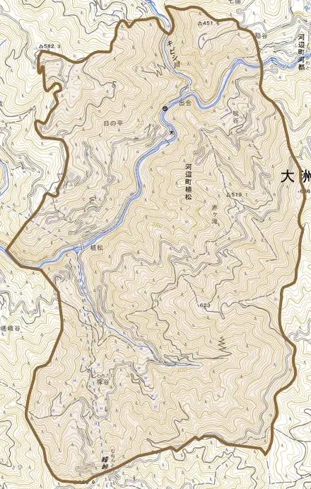 河辺町植松とその周辺の地図。町の範囲を重ねている