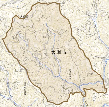 河辺町横山とその周辺の地図。町の範囲を重ねている