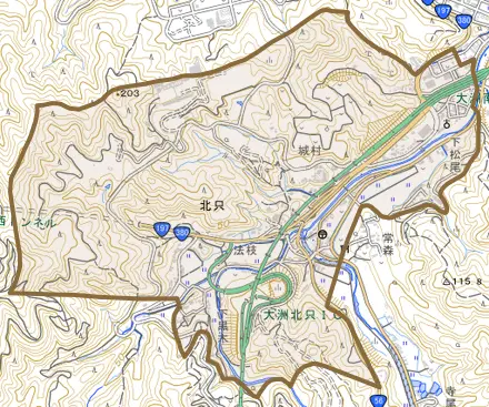 北只とその周辺の地図。町の範囲を重ねている