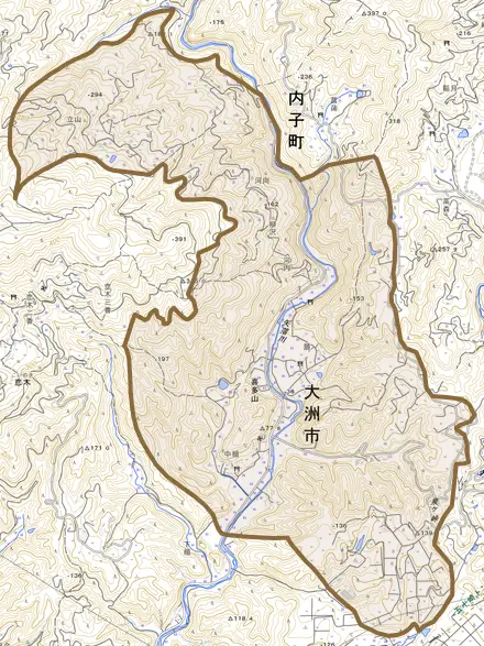 喜多山とその周辺の地図。町の範囲を重ねている