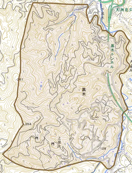 黒木とその周辺の地図。町の範囲を重ねている