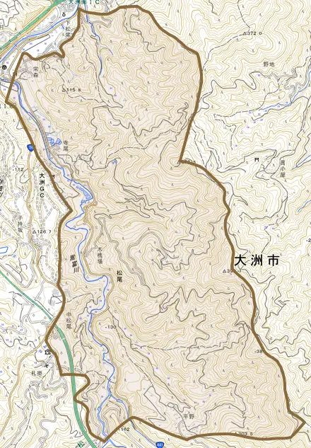 松尾とその周辺の地図。町の範囲を重ねている