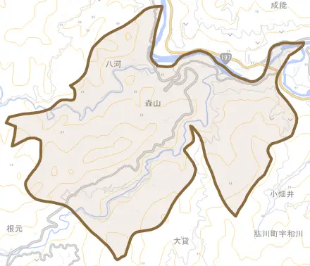 森山とその周辺の地図。町の範囲を重ねている