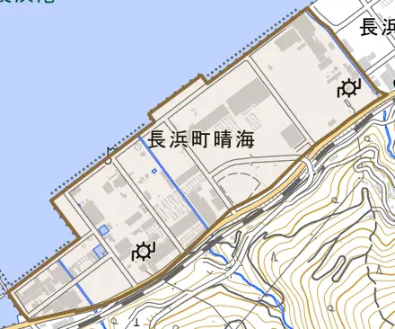 長浜町晴海とその周辺の地図。町の範囲を重ねている