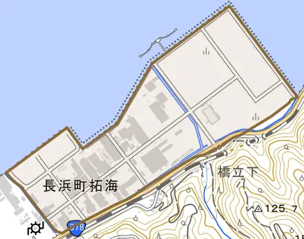 長浜町拓海とその周辺の地図。町の範囲を重ねている