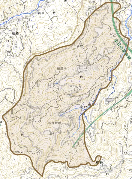 長谷とその周辺の地図。町の範囲を重ねている