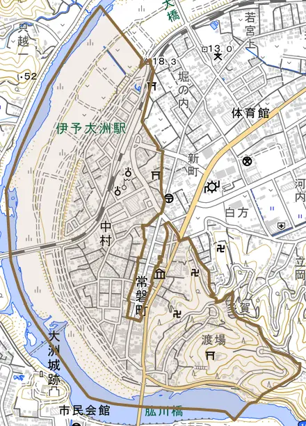 中村とその周辺の地図。町の範囲を重ねている