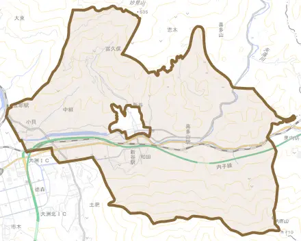 新谷とその周辺の地図。町の範囲を重ねている