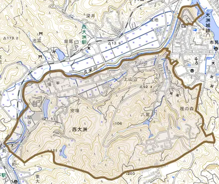 西大洲とその周辺の地図。町の範囲を重ねている