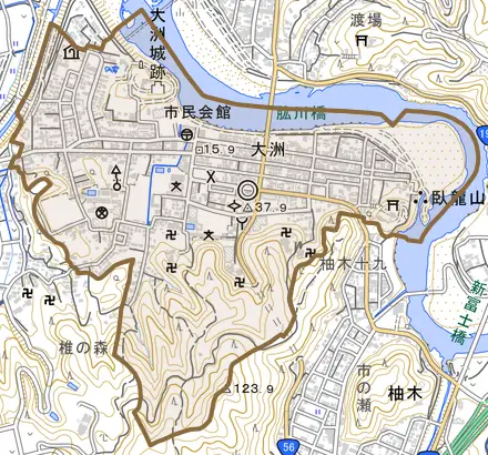 大洲とその周辺の地図。町の範囲を重ねている