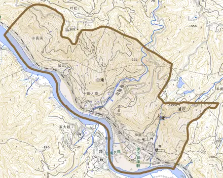 白滝とその周辺の地図。町の範囲を重ねている