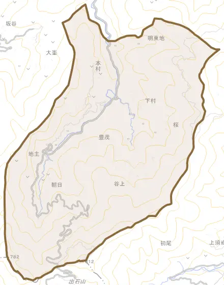 豊茂とその周辺の地図。町の範囲を重ねている