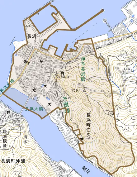 長浜とその周辺の地図。町の範囲を重ねている