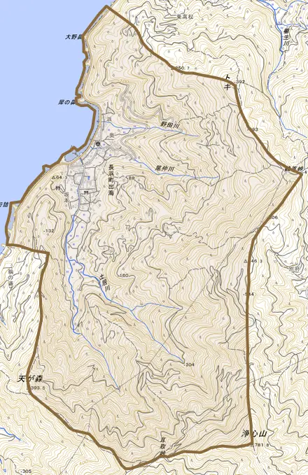 長浜町出海とその周辺の地図。町の範囲を重ねている