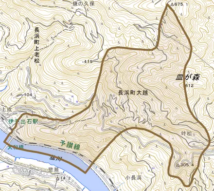 長浜町大越とその周辺の地図。町の範囲を重ねている