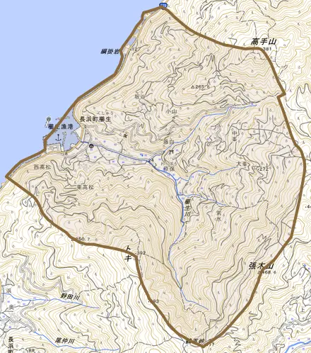 長浜町櫛生とその周辺の地図。町の範囲を重ねている