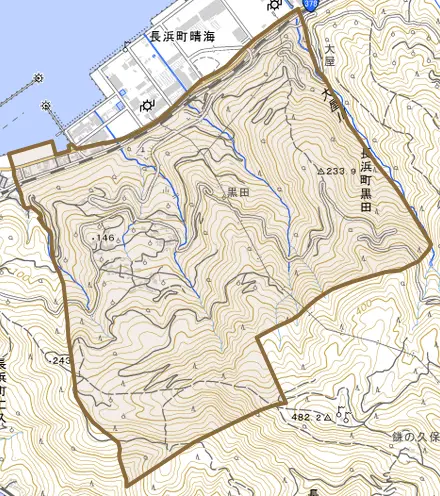 長浜町黒田とその周辺の地図。町の範囲を重ねている