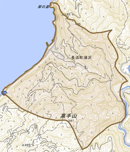 長浜町須沢とその周辺の地図。町の範囲を重ねている