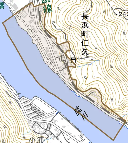 長浜町仁久とその周辺の地図。町の範囲を重ねている