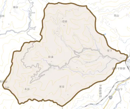 平野町平地とその周辺の地図。町の範囲を重ねている