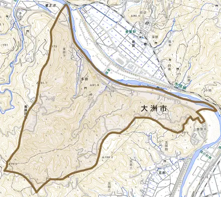 多田とその周辺の地図。町の範囲を重ねている