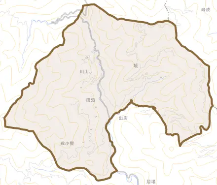 田処とその周辺の地図。町の範囲を重ねている