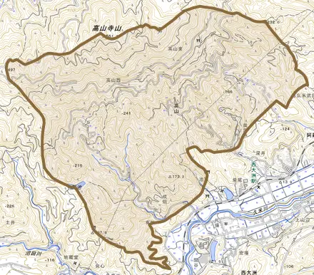 高山とその周辺の地図。町の範囲を重ねている