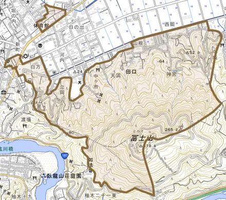 田口とその周辺の地図。町の範囲を重ねている