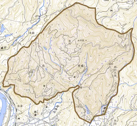 手成とその周辺の地図。町の範囲を重ねている