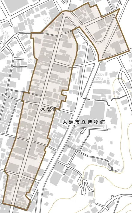 常磐町とその周辺の地図。町の範囲を重ねている