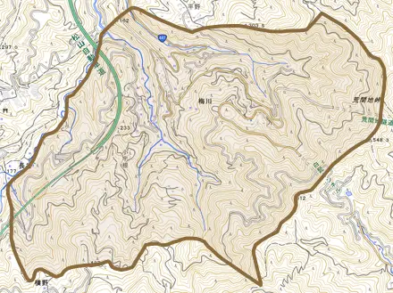 梅川とその周辺の地図。町の範囲を重ねている