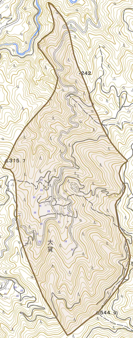 宇和川とその周辺の地図。町の範囲を重ねている