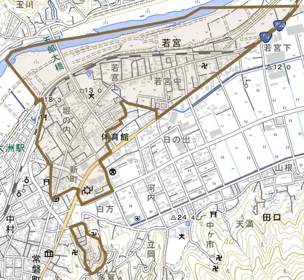 若宮とその周辺の地図。町の範囲を重ねている