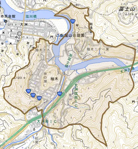柚木とその周辺の地図。町の範囲を重ねている