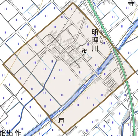 明理川とその周辺の地図。町の範囲を重ねている