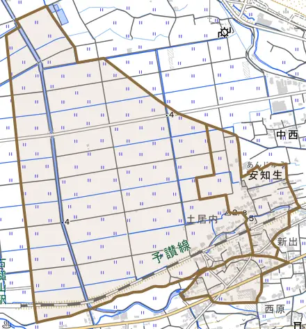 安知生とその周辺の地図。町の範囲を重ねている