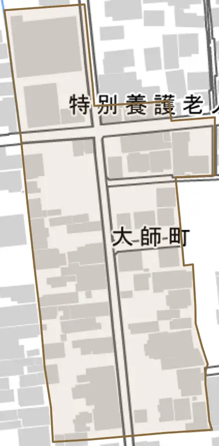 大師町とその周辺の地図。町の範囲を重ねている