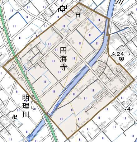 円海寺とその周辺の地図。町の範囲を重ねている