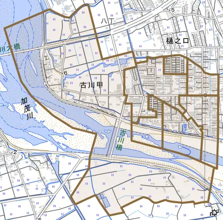 古川甲とその周辺の地図。町の範囲を重ねている