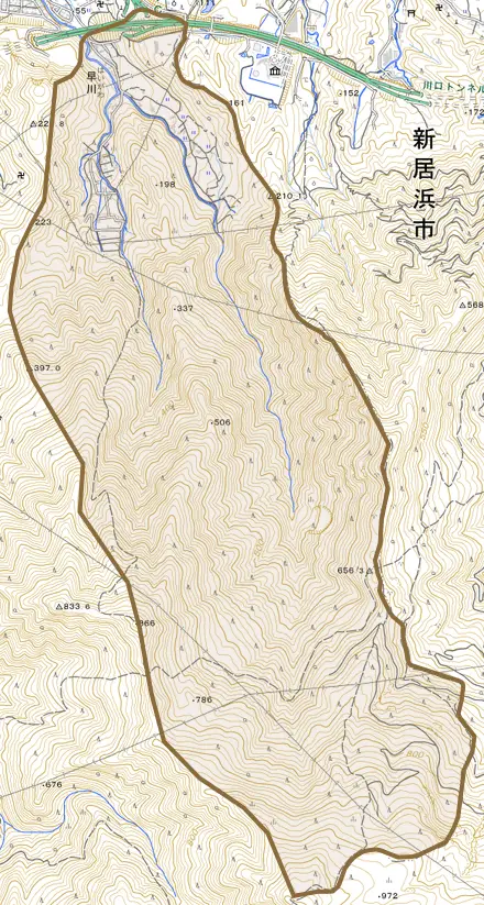 早川とその周辺の地図。町の範囲を重ねている