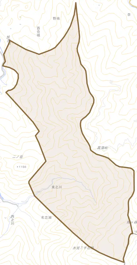 東之川とその周辺の地図。町の範囲を重ねている