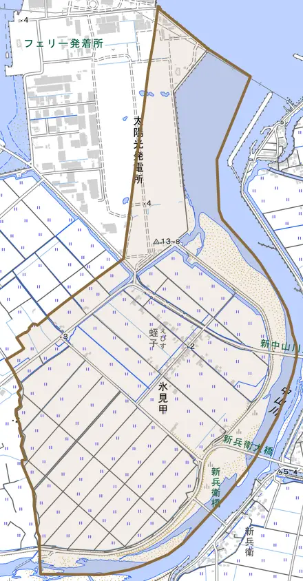 氷見甲とその周辺の地図。町の範囲を重ねている