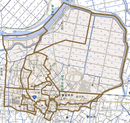 氷見乙とその周辺の地図。町の範囲を重ねている