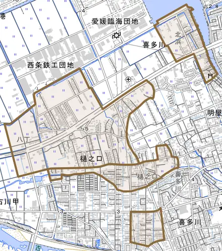 樋之口とその周辺の地図。町の範囲を重ねている