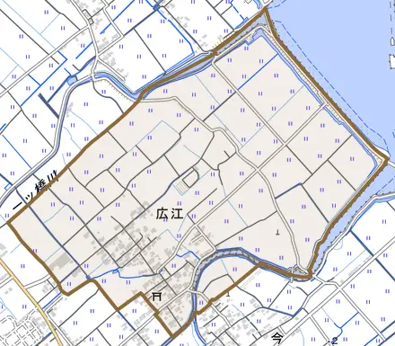 広江とその周辺の地図。町の範囲を重ねている