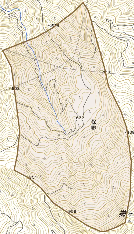 保野とその周辺の地図。町の範囲を重ねている