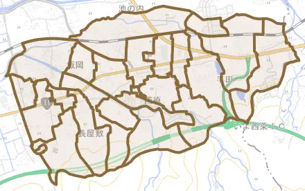飯岡とその周辺の地図。町の範囲を重ねている